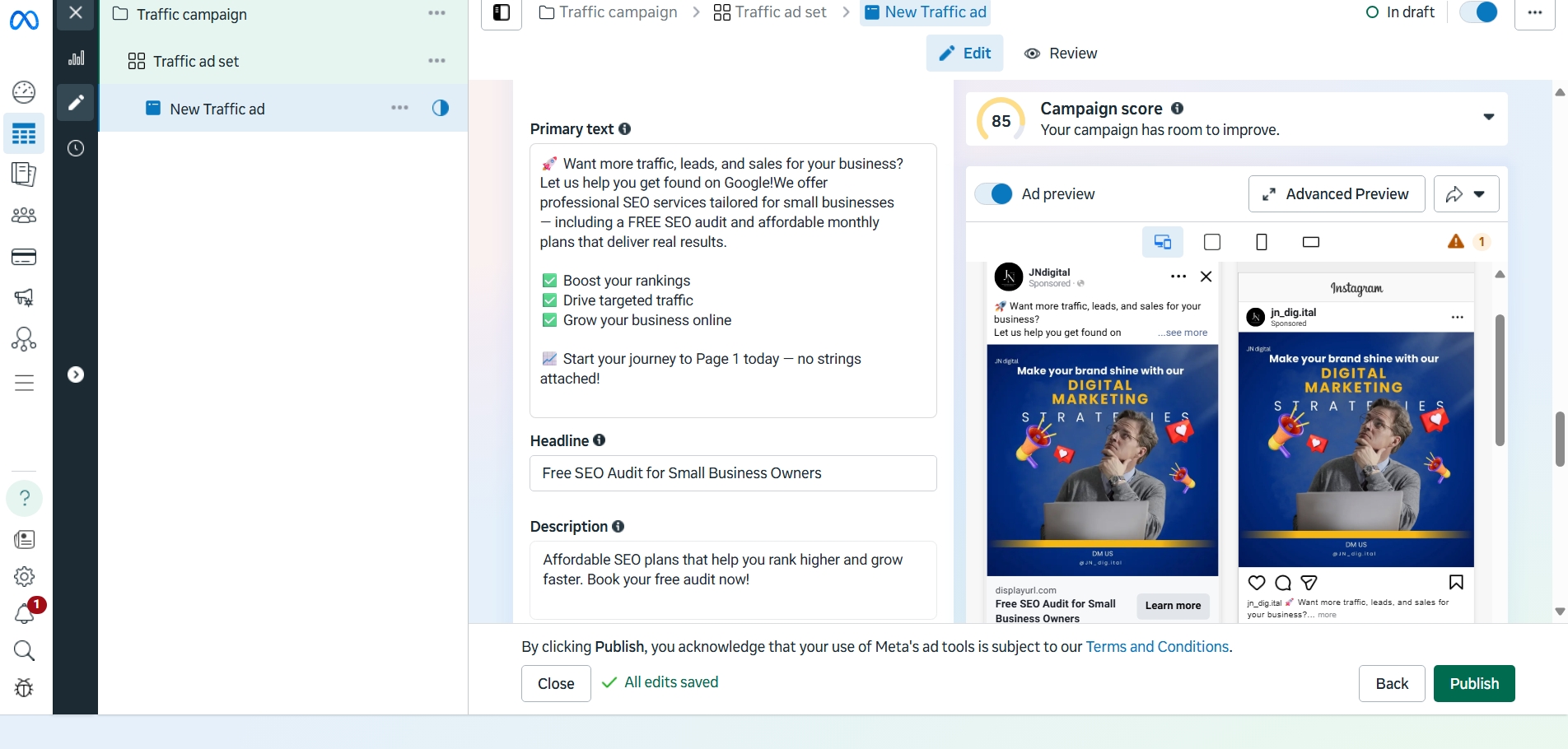 facebook & instagram trrafic ad page