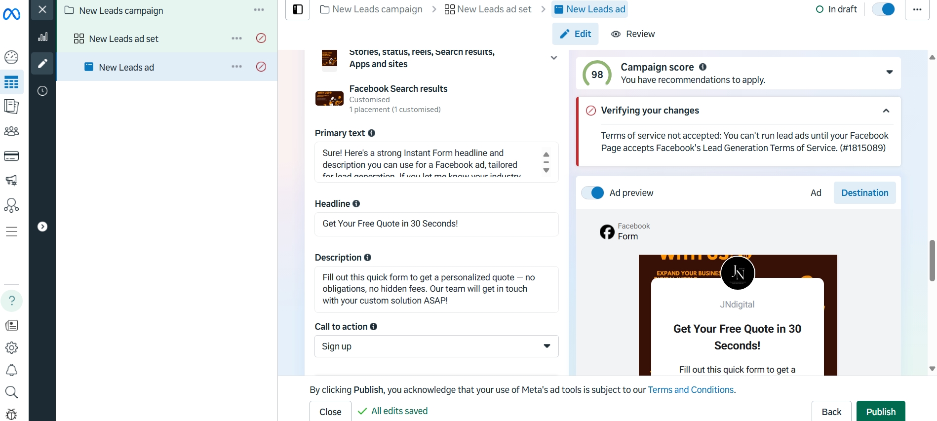 my facebook lead ad page